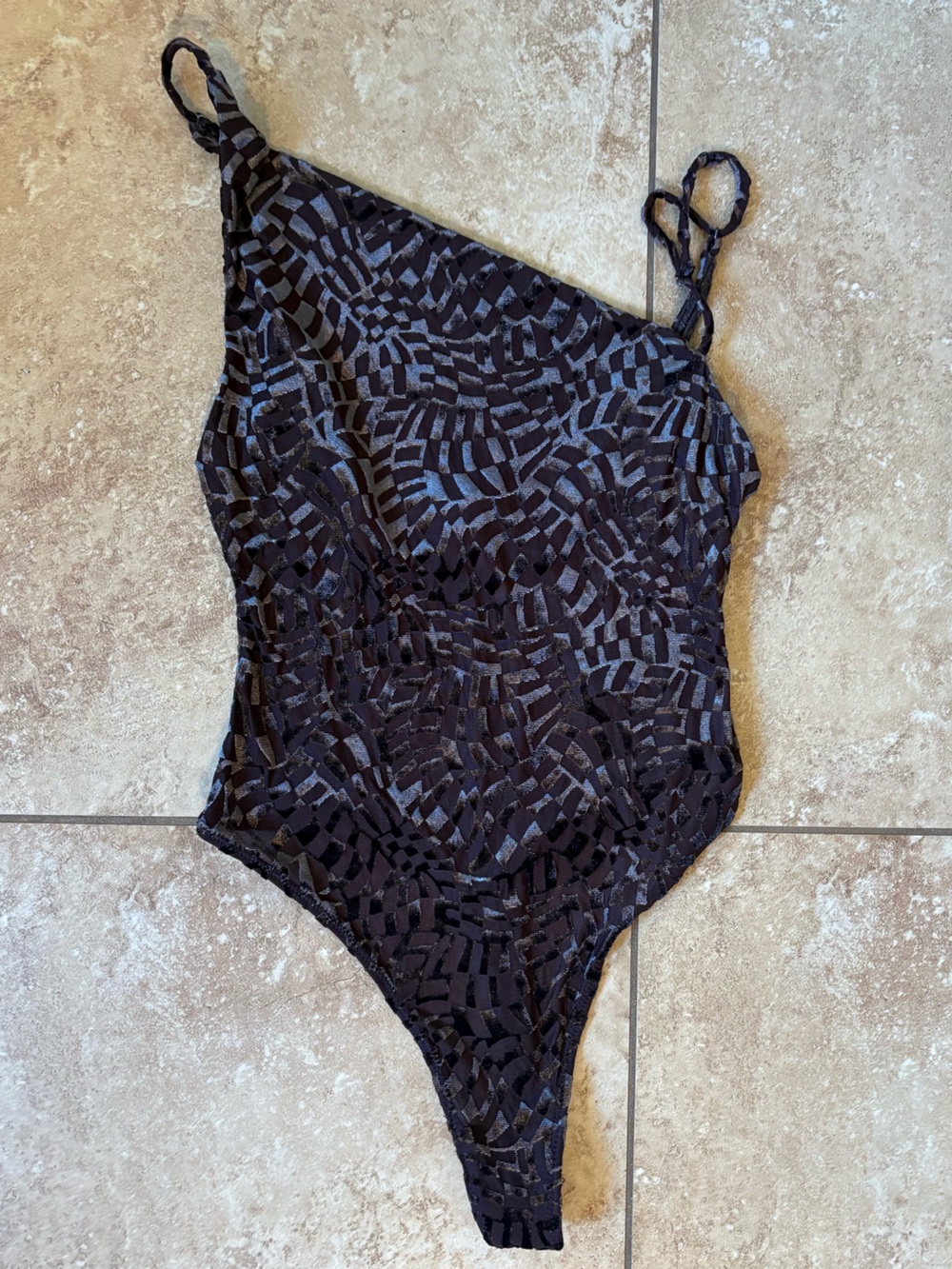 Coffee Brown Slanted Spaghetti Strap Bodysuit with Suede Geometric Pattern in S